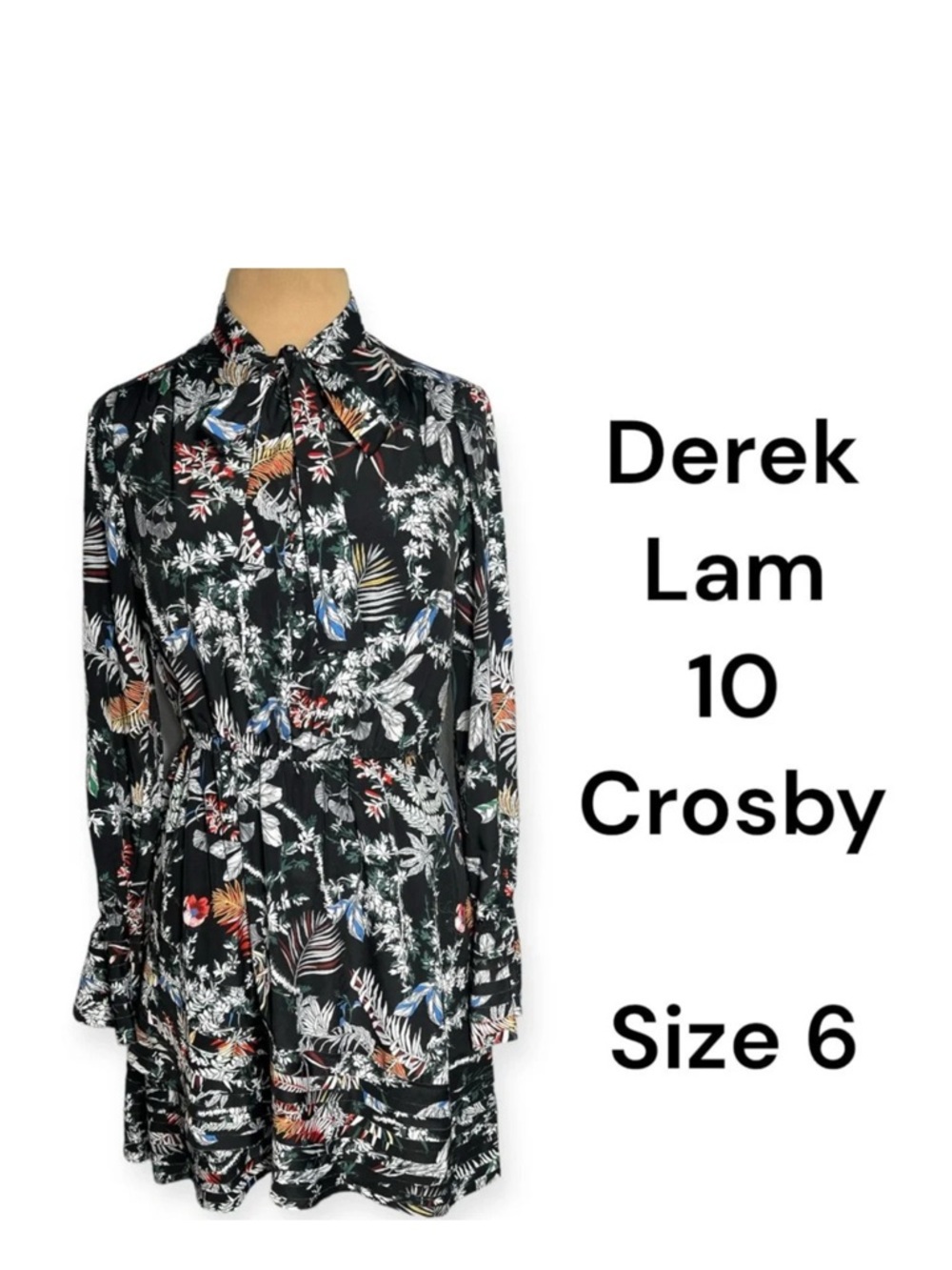 DEREK LAM size 6 
Bell-Sleeve Black Multicolor Floral Silk Dress